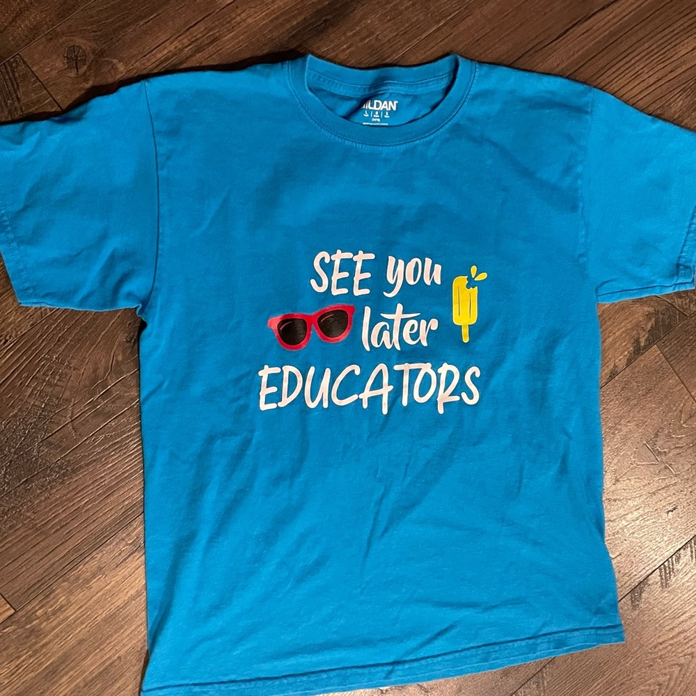 Gildan Blue Short Sleeve Tee Vibrant Cotton Crew Neck. End of school t-shirt